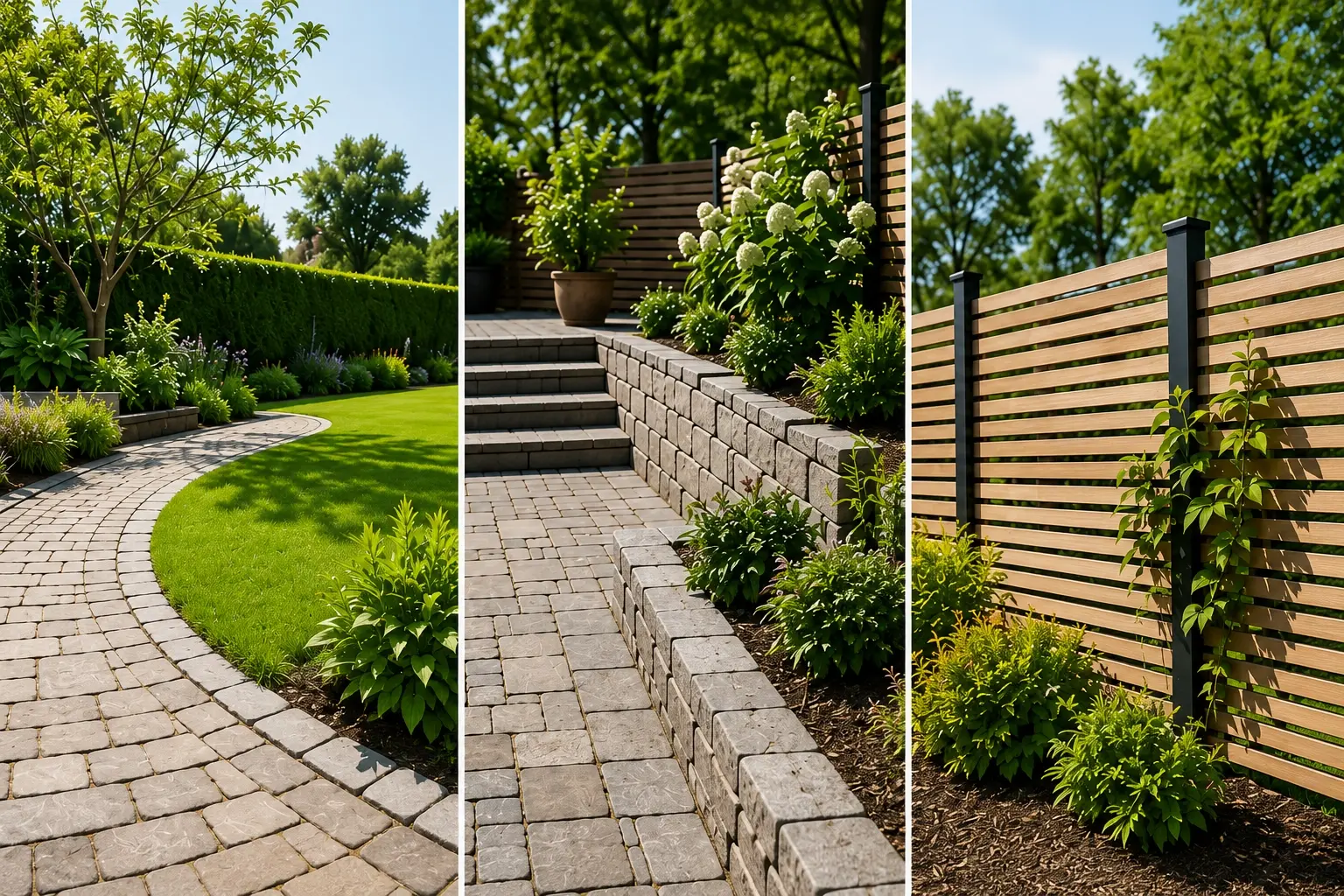 Stensatt gångväg, mur med planteringar och nybyggt trästaket utfört av Nordic Grön & Markservice
